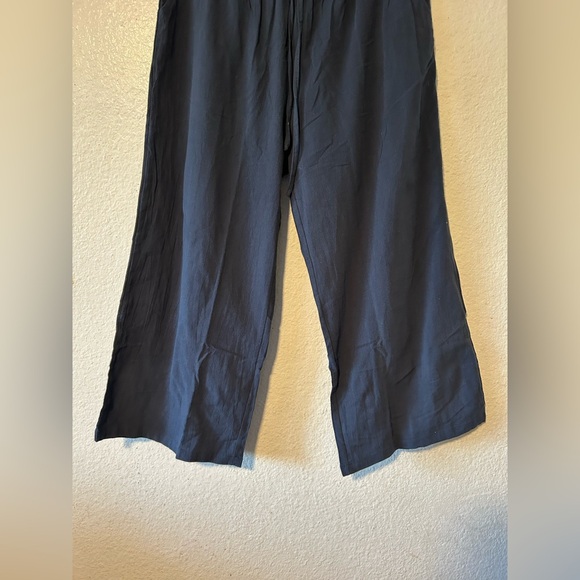 Navy Linen Cotton Blend Paper Bag Style Wide-Leg Pants Large Lagenlook Casual - Picture 3 of 12